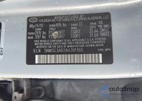 2010 Hyundai Santa Fe Gls из США, поврежденный, VIN 5NMSG3AB2AH391160